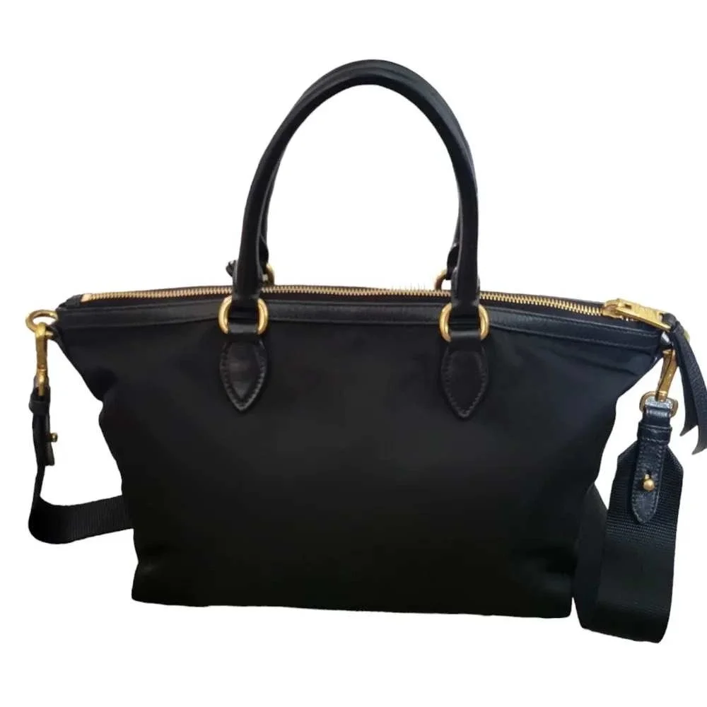 Prada Tessuto Nylon Satchel Bag Black Gold Hardware Crossbody Tote